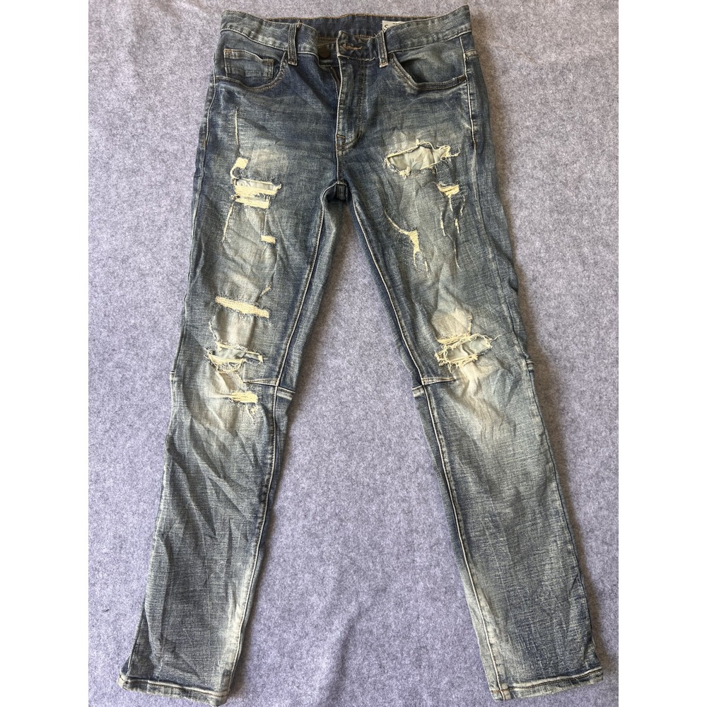 Smoke Rise Distressed Moto Jeans 32x32 Blue Heavy Wash Ripped Denim